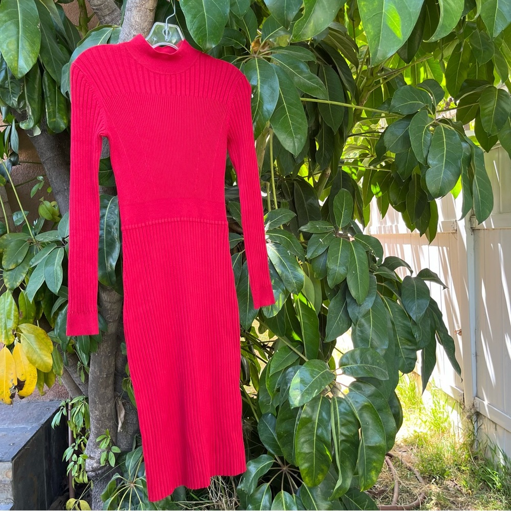 Calvin Klein Red Bodycon Dress Long Sleeve Mock Neck